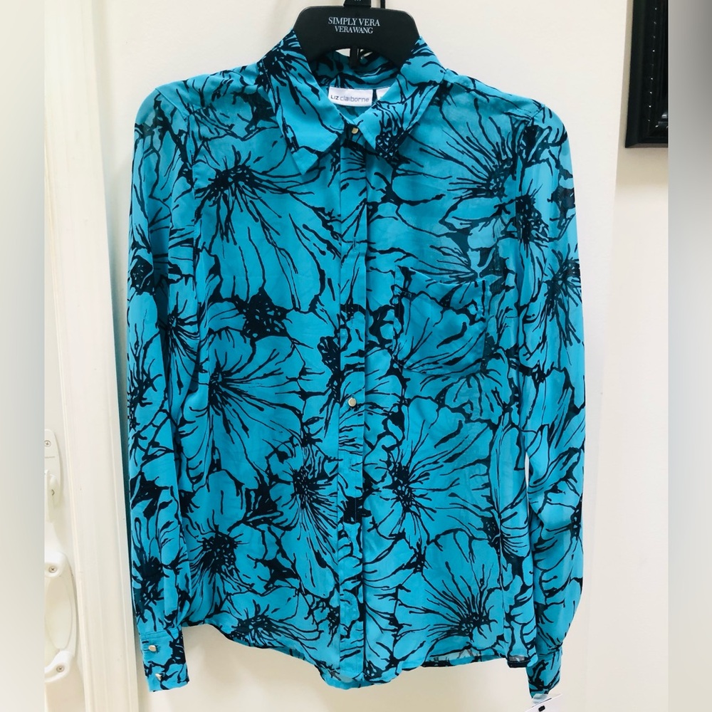 NWT Sheer Blue & Black Floral Blouse